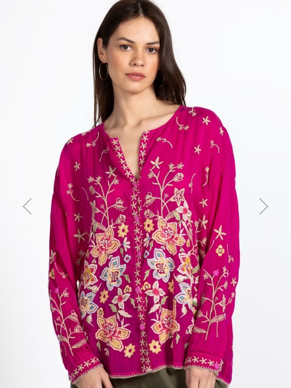 NWT Johnny Was Jenai Fuchsia Embroidered Floral V-Neck Tunic Boho Blouse Top XL
